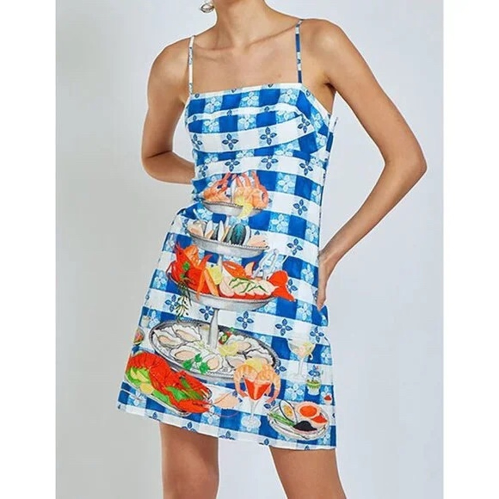 Rachel Antonoff Blue and White Seafood Print Mini Dress